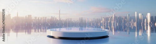 A high-gloss, reflective podium displaying a luxury accessory with a futuristic cityscape in the background.