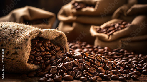 Coffee Beans in Bags. Fresh Coffee Beans Background.