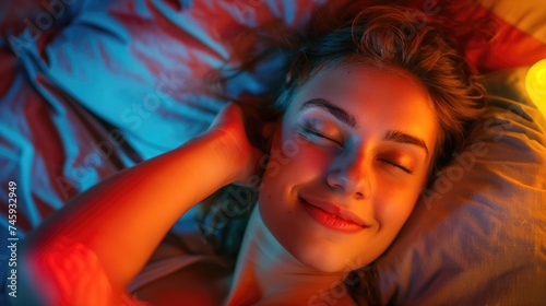 Closeup top view of a woman sleeping lying in bed and smiling with closed eyes