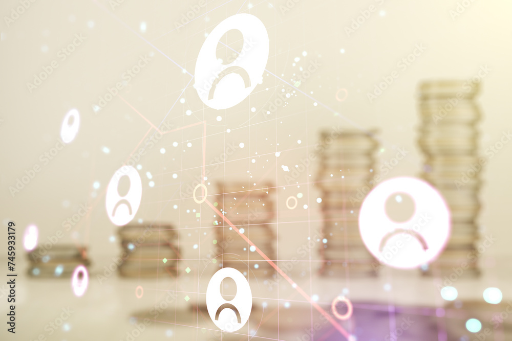 Fototapeta premium Double exposure of social network icons hologram on growing coins stacks background. Networking concept