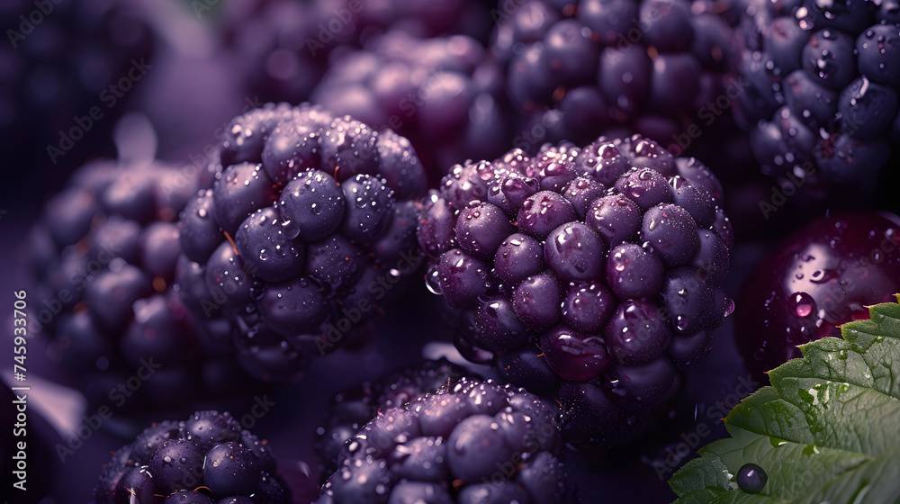 A ripe, juicy blackberry with a strong emphasis on the intricate details - obrazy, fototapety, plakaty 