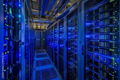 Rows of servers in a data center with blue LED lights