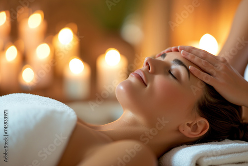 Woman enjoys a relaxing head massage at a spa in candlelight ambiance