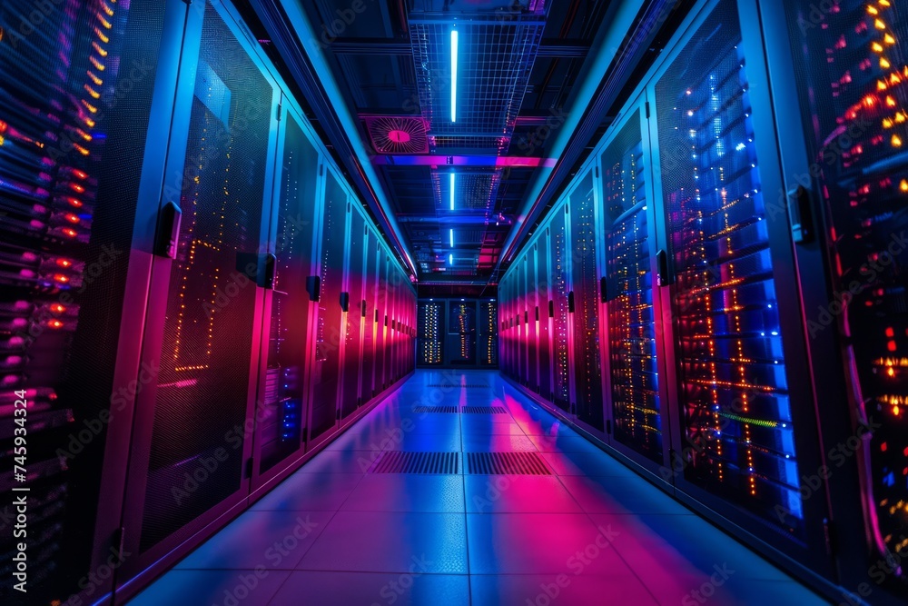Server racks in a data center with blue and red LED lighting