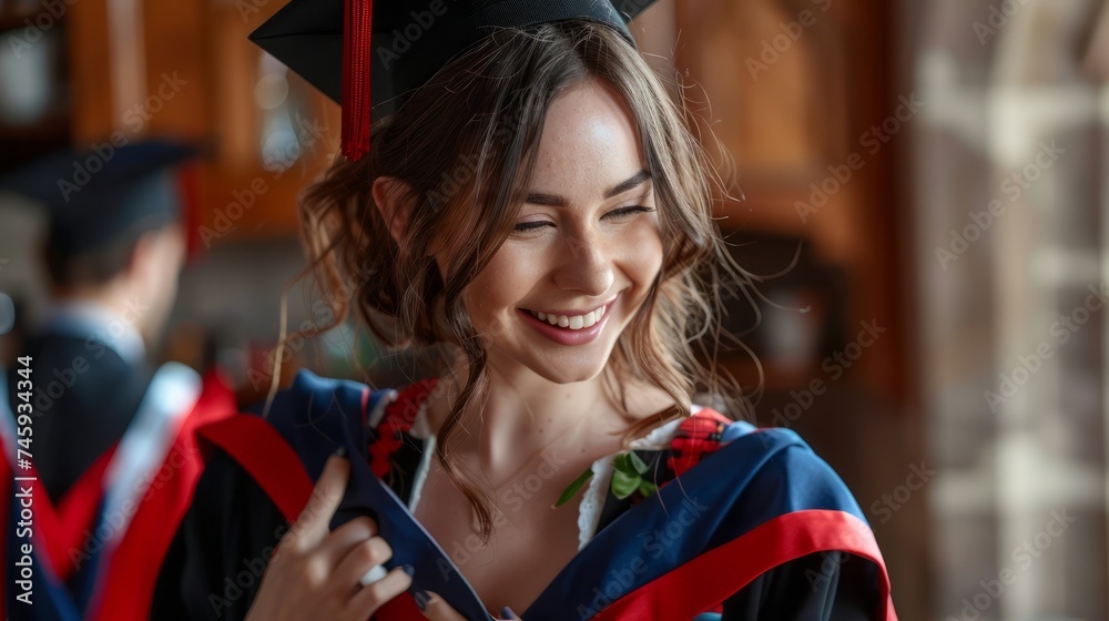 Smiling Female Graduate in Cap and Gown Celebrating Academic Achievement in University Hall