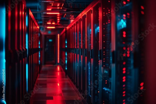 Server racks in a data center with blue and red LED lighting