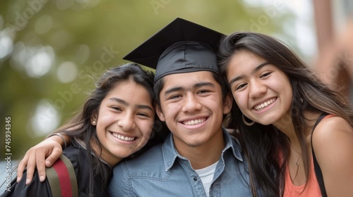 Smiling Graduate in Cap with Proud Siblings Celebrating Outdoors, Happy Family Moment at Graduation Ceremony, Multicultural Youth Achievement