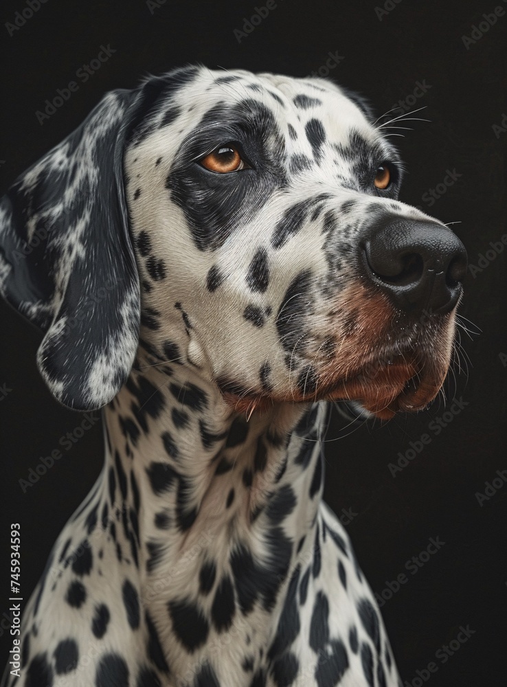 Close-up portrait of a Dalmatian dog with distinct black spots looking away on a black background