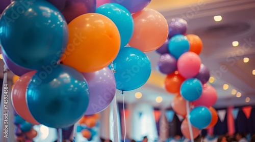 Vibrant Assortment of Blue, Orange, and Pink Helium Balloons in Festive Party Atmosphere with Elegant Decor