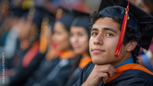 Young Male Graduate in Cap and Gown Contemplating Future at Graduation Ceremony