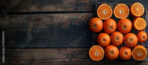 Fresh juicy oranges cut in half displayed on a dark rustic wooden background, with a top-down view, depicting healthy eating and natural produce photo