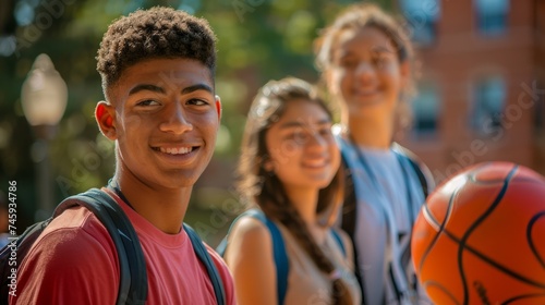 Happy Teenagers with Basketball Enjoying Sunshine in a College Campus Setting