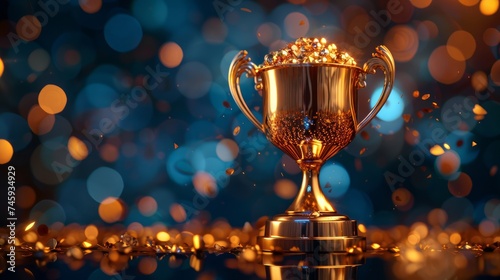 Shimmering Golden Trophy Cup on Blue Bokeh Background Symbolizing Achievement, Victory, and Success in Competition or Contest