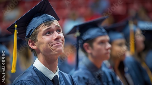 Young Male Graduate with Cap and Gown at Commencement Ceremony Making a Wistful Face