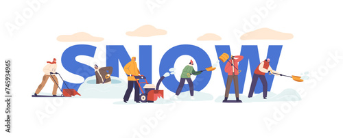 People Bundled In Warm Clothing, Using Shovels And Snow Blowers. Characters Work Diligently To Clear Layers Of Snow
