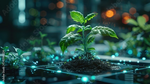 A close up of a plant being scanned and analyzed by a virtual reality system in a futuristic agricultural setting