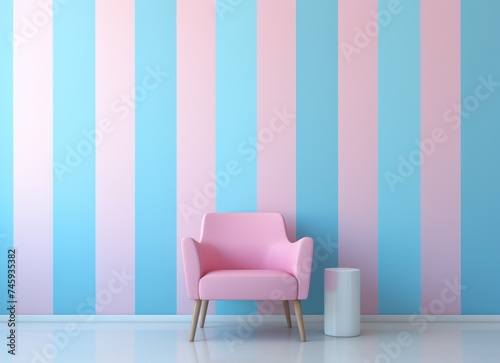Modern minimalist interior with a pink armchair on a blue and pink striped wall background, with a white floor and a small side table. Ideal for contemporary home decor themes