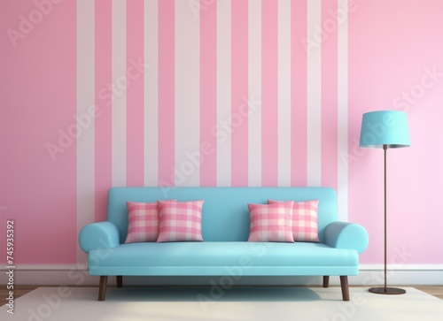 Modern living room interior with a pastel blue sofa  pink and white striped wall  and a matching blue floor lamp. Stylish home decor with a cozy and welcoming ambiance