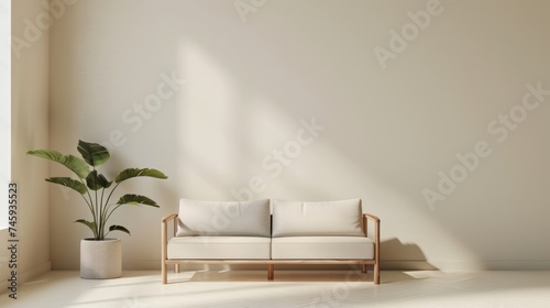 Minimalist living room interior with a comfortable beige sofa and a potted plant, bathed in natural sunlight with soft shadows on a plain wall