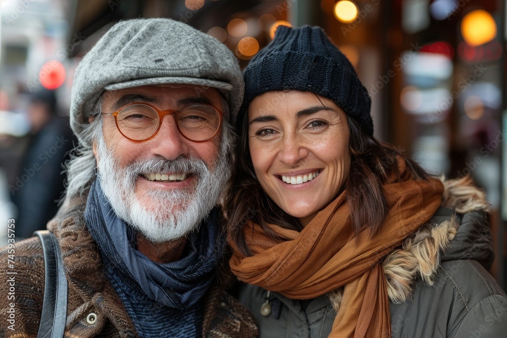 A close-up shot of a couple hugging while wearing warm clothes on a cold winter day in an urban setting with blurred background A close-up shot of a couple hugging while wearing warm clothes on a cold winter day in an urban setting with blurred background