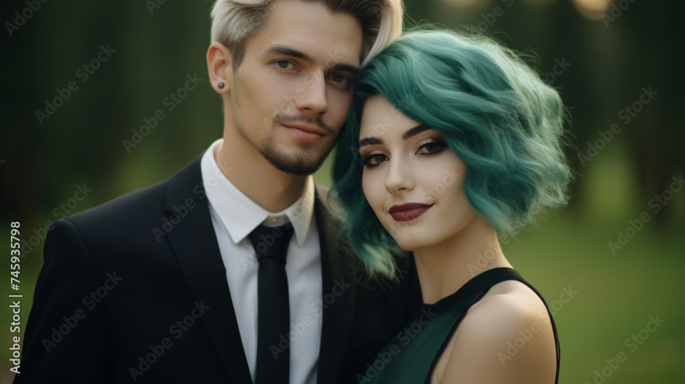 Elegant young couple posing outdoors, man in a black suit and woman with stylish teal hair, showcasing contemporary fashion and beauty Elegant young couple posing outdoors, man in a black suit and woman with stylish teal hair, showcasing contemporary fashion and beauty
