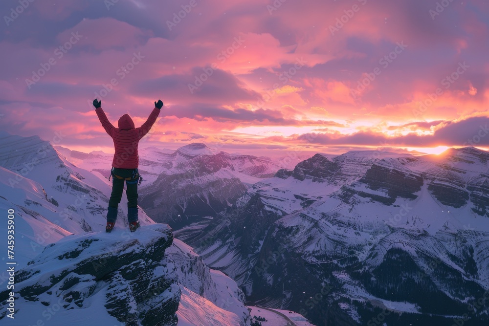 A joyful person standing on top of a mountaintop in celebration 