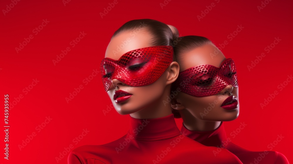 Two women in red bodysuits and textured red masks against a red background, posing artistically Two women in red bodysuits and textured red masks against a red background, posing artistically
