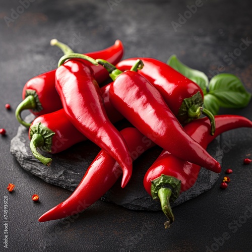 Close up of fresh red chili peppers arranged on a slate stone, with a scattering of mixed peppercorns and basil leaves on a dark backdrop
