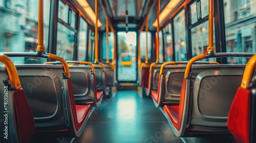 Inside view of a modern bus interior with empty seats