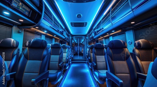 Inside view of a modern bus interior with empty seats