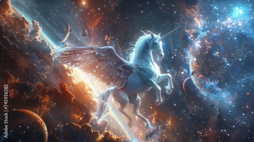Flying Unicorn Horses in Space