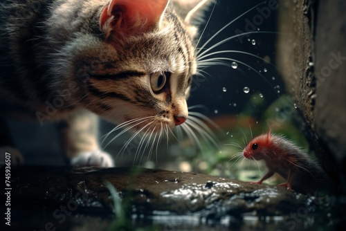 The cat hunts the mouse. The cat stares at the mouse, wants to eat it