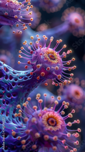 Close up Many dense of virus in cells wall, scene inside of cells wall, HDR, HD, Photo Realistic, Exta Detail, Colourful -