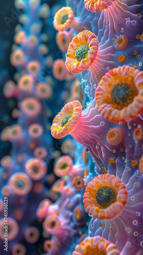 Close up Many dense of virus in cells wall, scene inside of cells wall, HDR, HD, Photo Realistic, Exta Detail, Colourful -