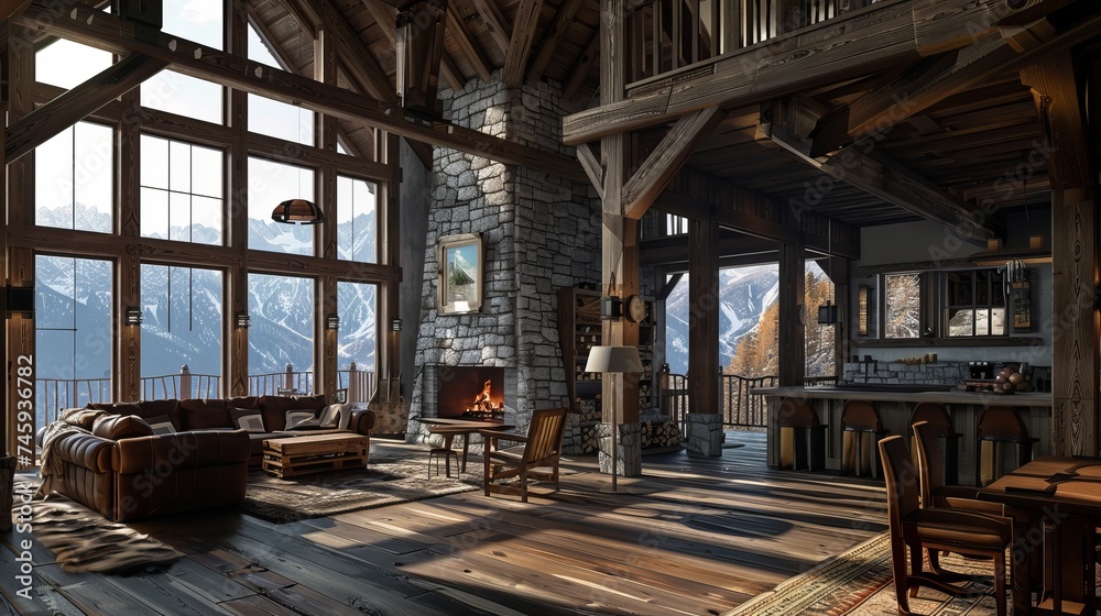 Mountain lodge interior featuring a gorgeous wooden texture floor, exposed beams and stone accents create a cozy retreat amidst breathtaking alpine views