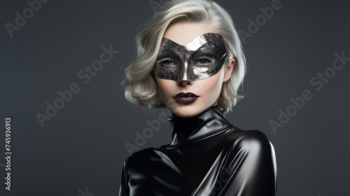 woman with grey mask and hairs wearing black dress