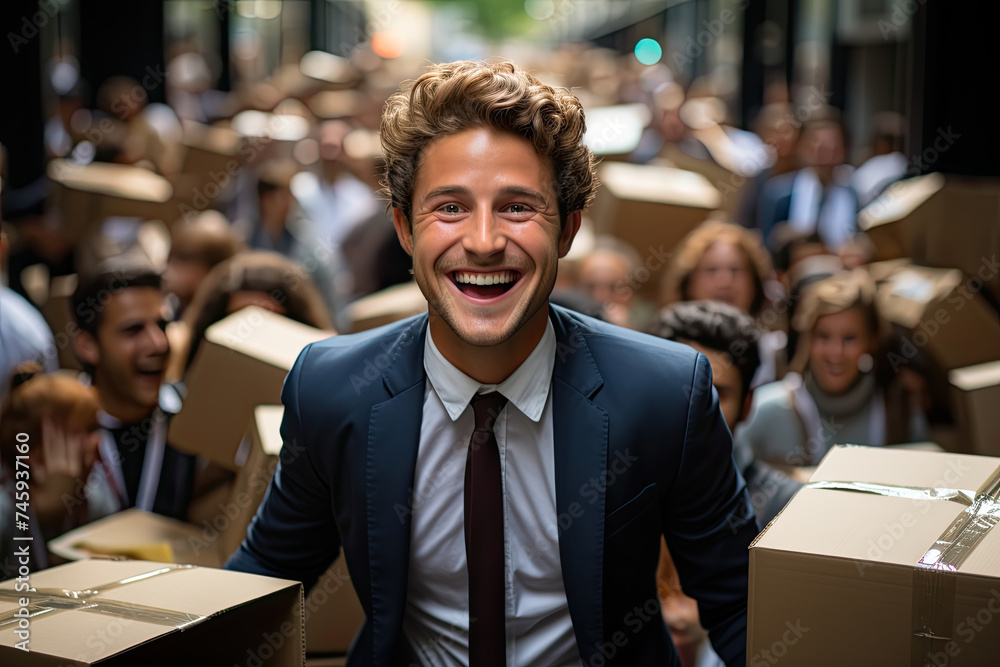 Happy man in a suit and tie stands surrounded by numerous boxes in a room, appearing to be in the middle of a relocation or office move Happy man in a suit and tie stands surrounded by numerous boxes in a room, appearing to be in the middle of a relocation or office move