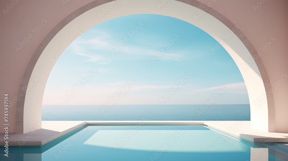 Luxurious infinity pool with a serene ocean view, framed by an elegant archway, under a clear sky - perfect for travel and leisure themes