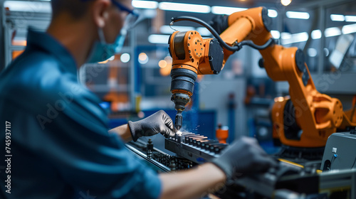 Engineer working with a robot arm in a high-tech manufacturing plant.