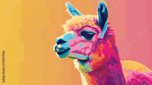 Colorful digital artwork of a llama with a vibrant, multicolored fur against a dual-tone orange and pink background