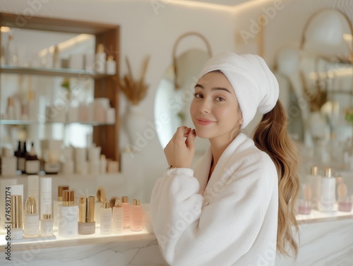 A beauty influencer reviewing skincare products in a tutorial video