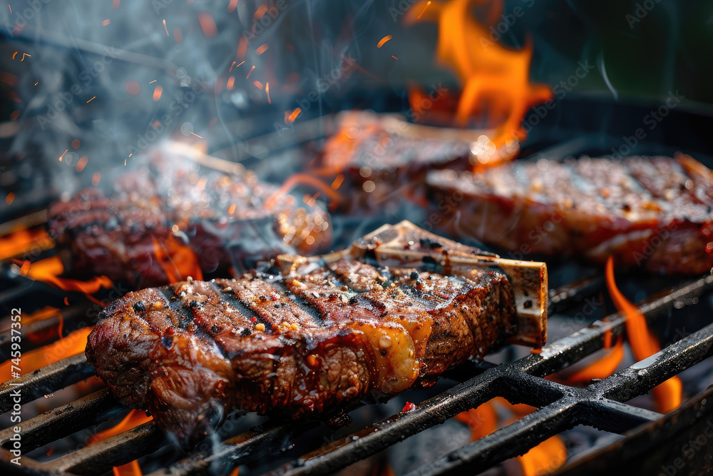 The perfect summer grill has meat sizzling over an open flame. A barbecue cooks cuts of juicy meat over a roaring fire, ideal for outdoor gatherings The perfect summer grill has meat sizzling over an open flame. A barbecue cooks cuts of juicy meat over a roaring fire, ideal for outdoor gatherings