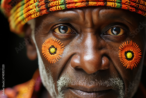 Detailed close-up view of a man with intricate face paint, showcasing a unique and striking artistic expression