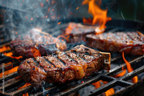 The perfect summer grill has meat sizzling over an open flame. A barbecue cooks cuts of juicy meat over a roaring fire, ideal for outdoor gatherings