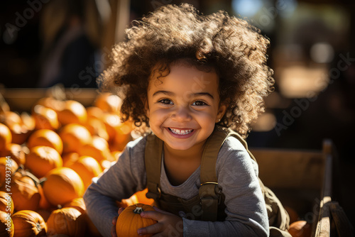 Young female child is seated in front of a large heap of vibrant oranges in a rustic setting photo