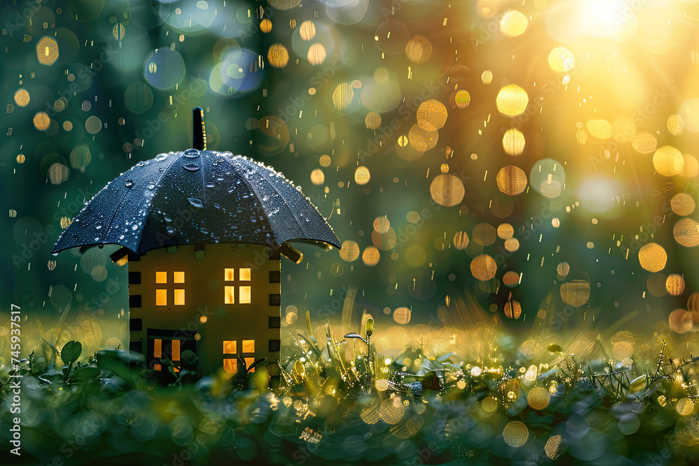 A house sheltered safely under an umbrella. The imagery promotes home insurance, offering protection and security for your property against potential risks.