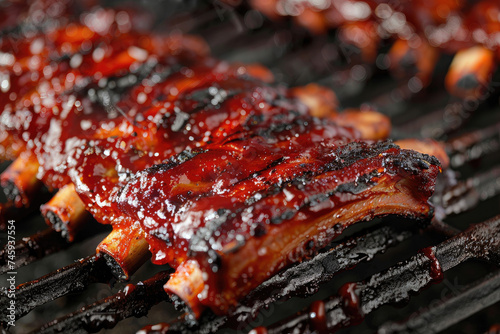 Juicy ribs sizzle on the barbecue grill. The succulent meat emits smoke and aroma over a natural charcoal fire, encapsulating the flavor of outdoor cuisine.