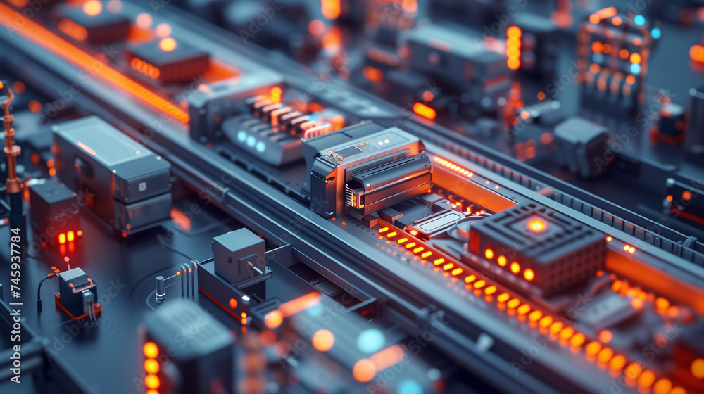 Futuristic automated assembly line for electronics manufacturing, with robots and conveyor belts in operation.