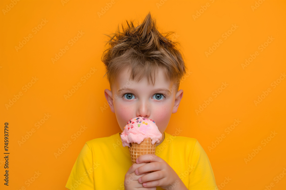 Joyful young boy in a yellow shirt bites a colorful ice cream cone against a vibrant orange backdrop Joyful young boy in a yellow shirt bites a colorful ice cream cone against a vibrant orange backdrop