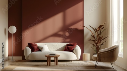 modern living room with sofa, armchair, indoor plant and table, maroon and beige colors